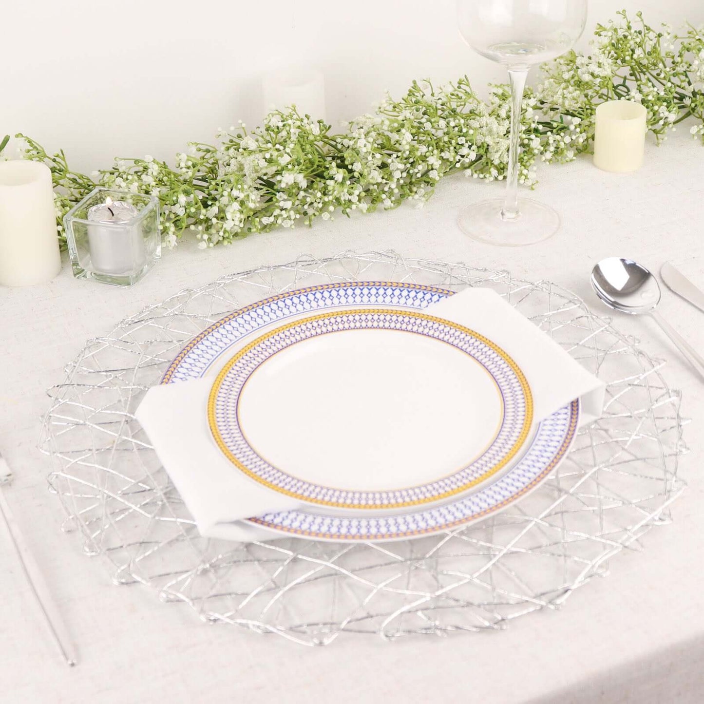 6 - Pack Table Placemats Woven Fiber Design Silver Round - Disposable Mats for Dining and Events 15" - Linen Luxes