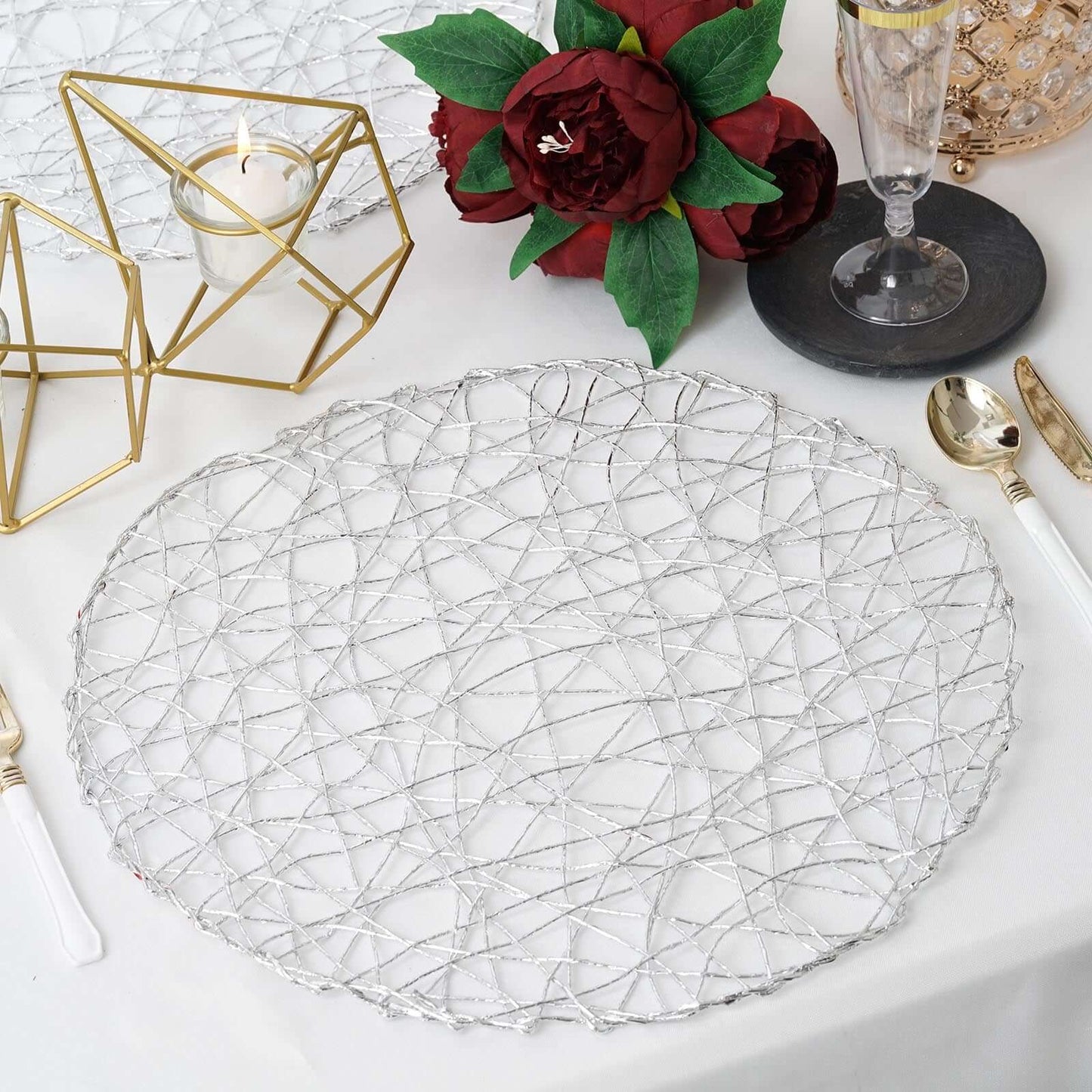 6 - Pack Table Placemats Woven Fiber Design Silver Round - Disposable Mats for Dining and Events 15" - Linen Luxes