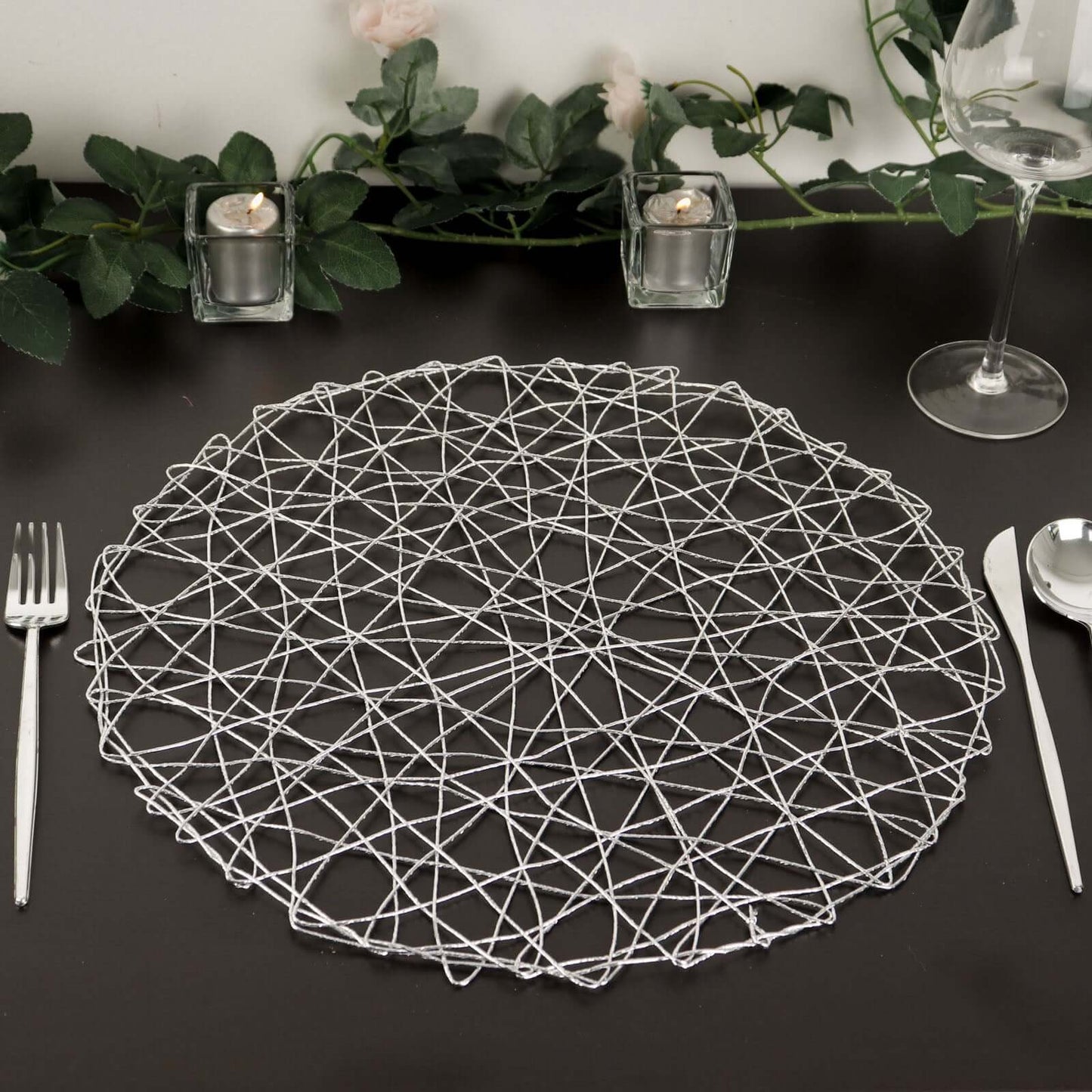 6 - Pack Table Placemats Woven Fiber Design Silver Round - Disposable Mats for Dining and Events 15" - Linen Luxes