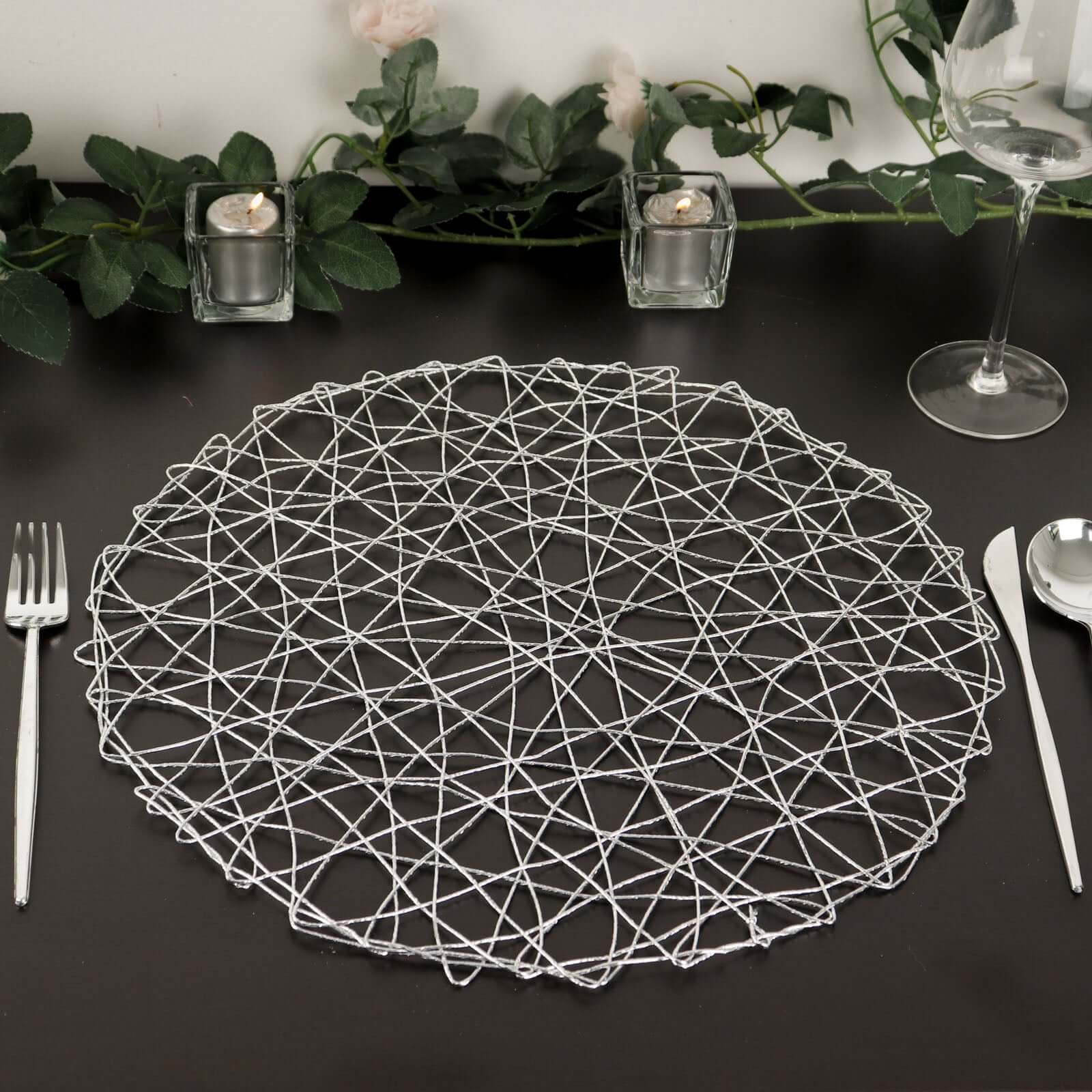 6 - Pack Table Placemats Woven Fiber Design Silver Round - Disposable Mats for Dining and Events 15" - Linen Luxes