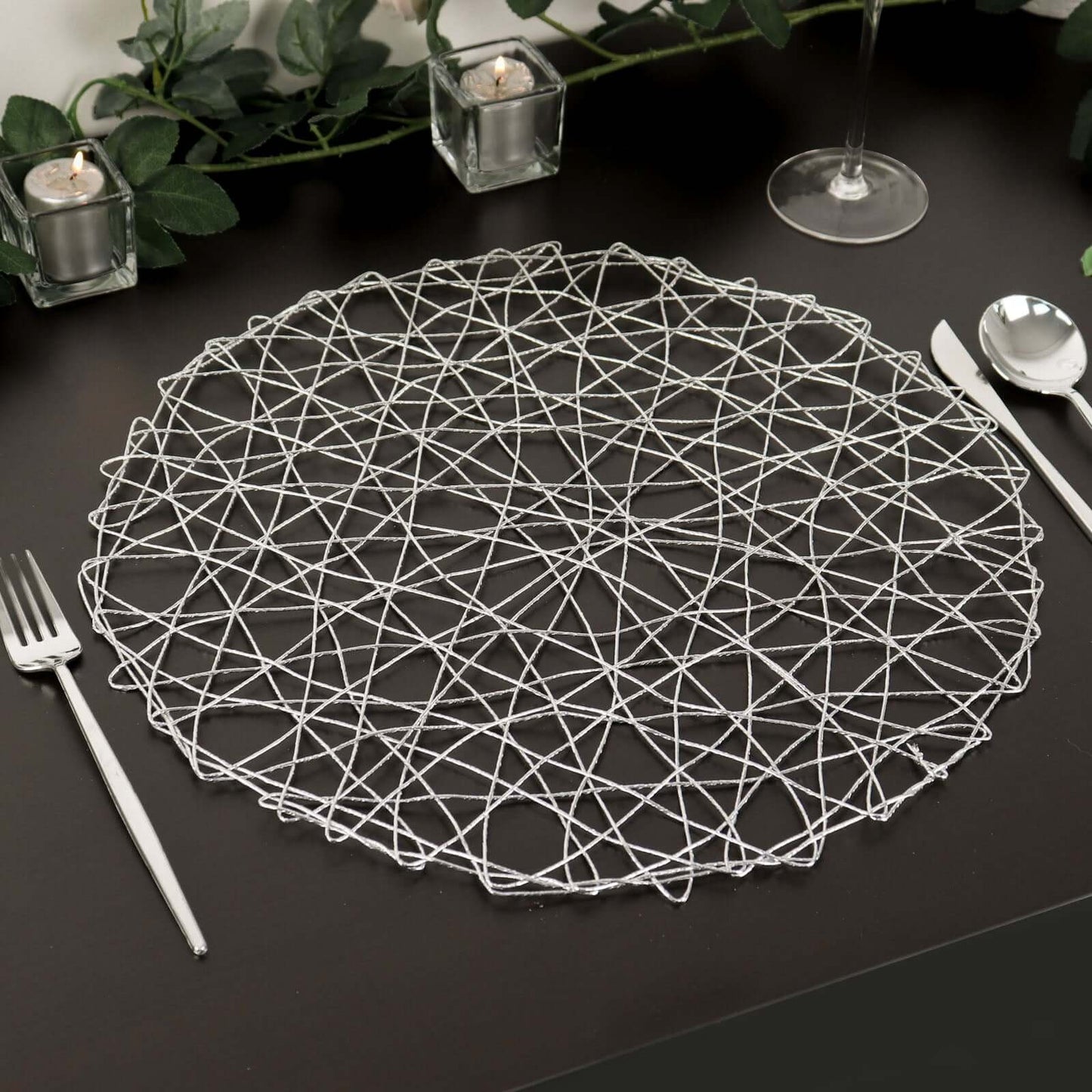 6 - Pack Table Placemats Woven Fiber Design Silver Round - Disposable Mats for Dining and Events 15" - Linen Luxes