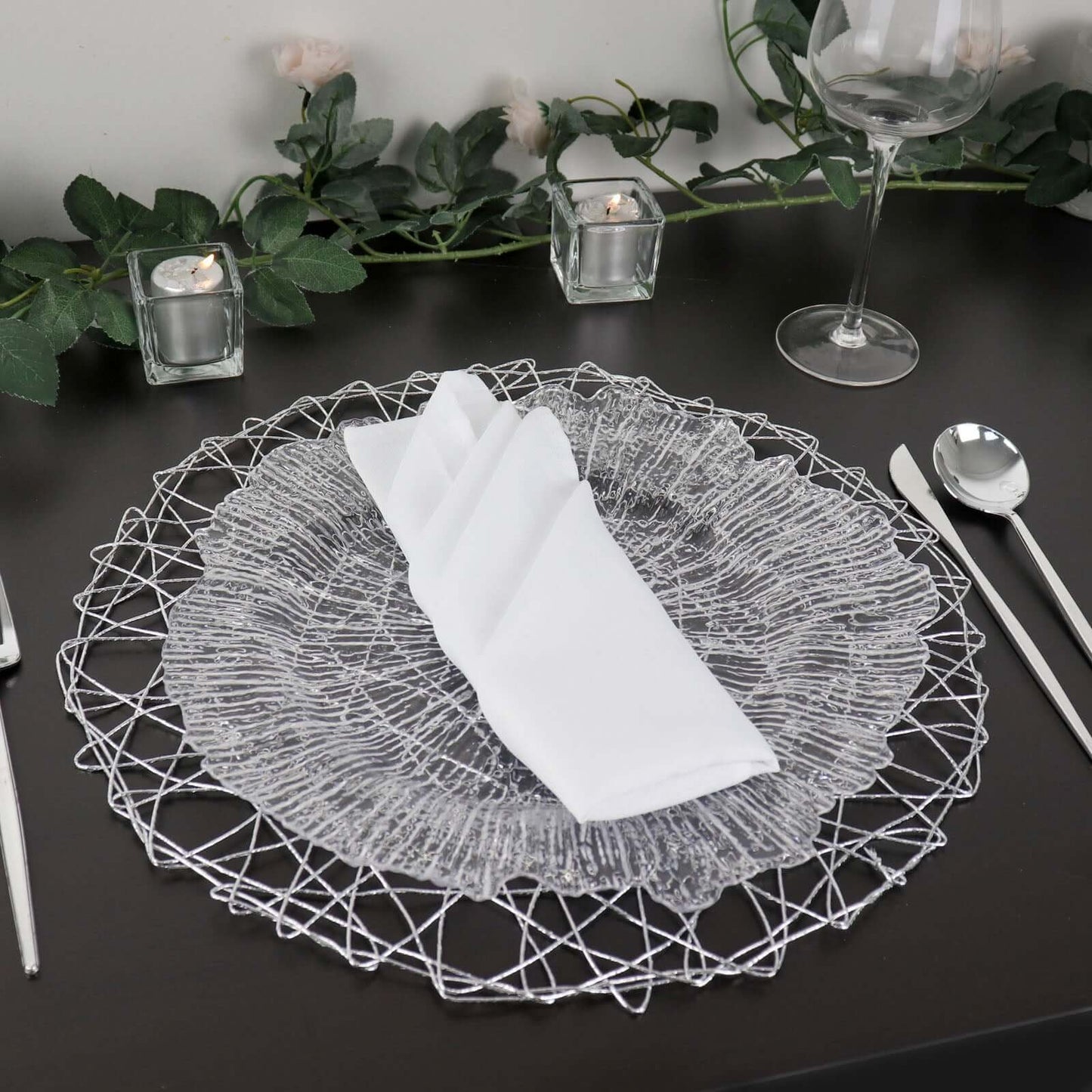 6 - Pack Table Placemats Woven Fiber Design Silver Round - Disposable Mats for Dining and Events 15" - Linen Luxes