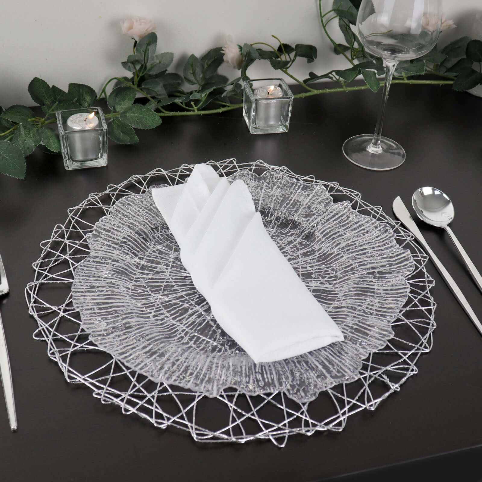 6 - Pack Table Placemats Woven Fiber Design Silver Round - Disposable Mats for Dining and Events 15" - Linen Luxes