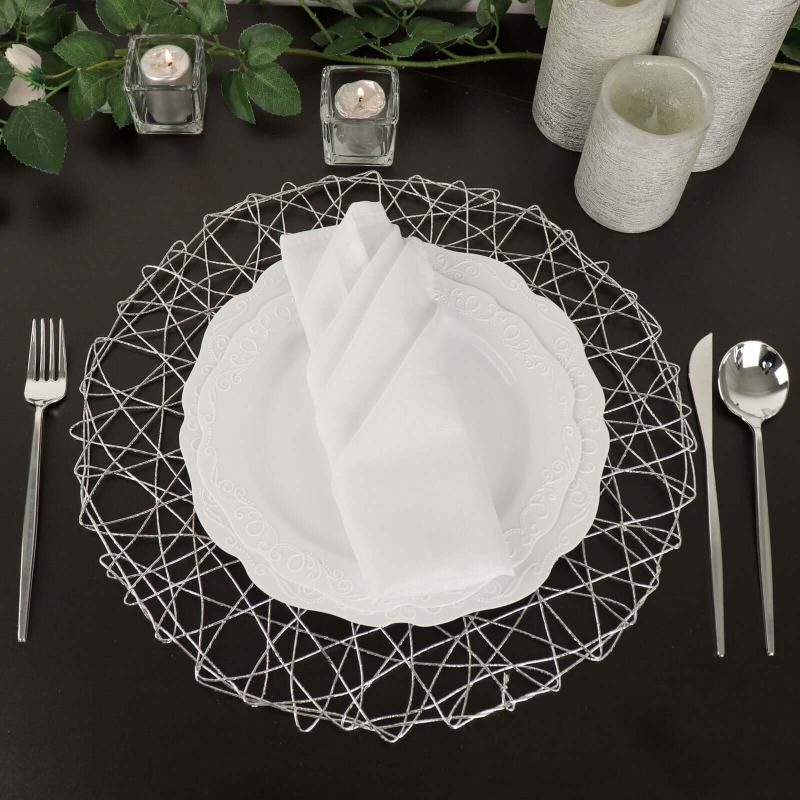 6 - Pack Table Placemats Woven Fiber Design Silver Round - Disposable Mats for Dining and Events 15" - Linen Luxes