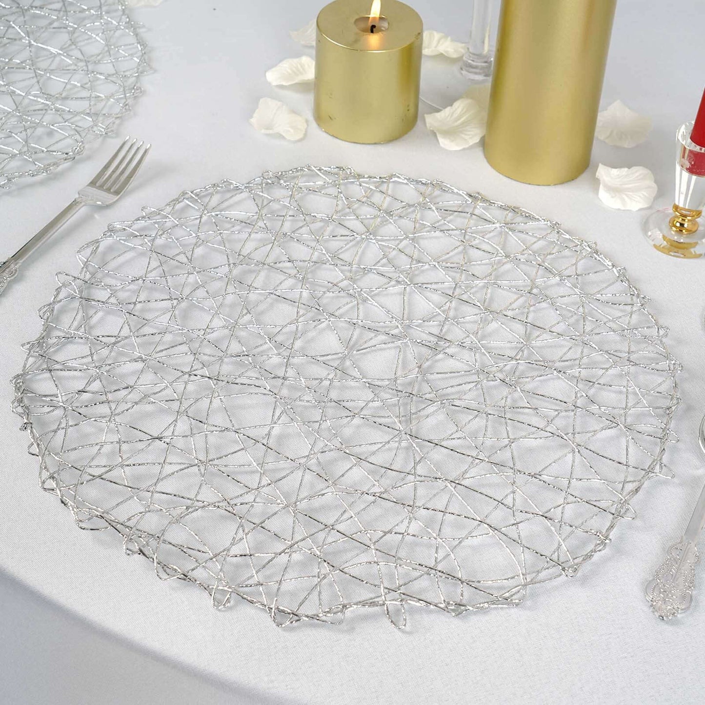 6 - Pack Table Placemats Woven Fiber Design Silver Round - Disposable Mats for Dining and Events 15" - Linen Luxes