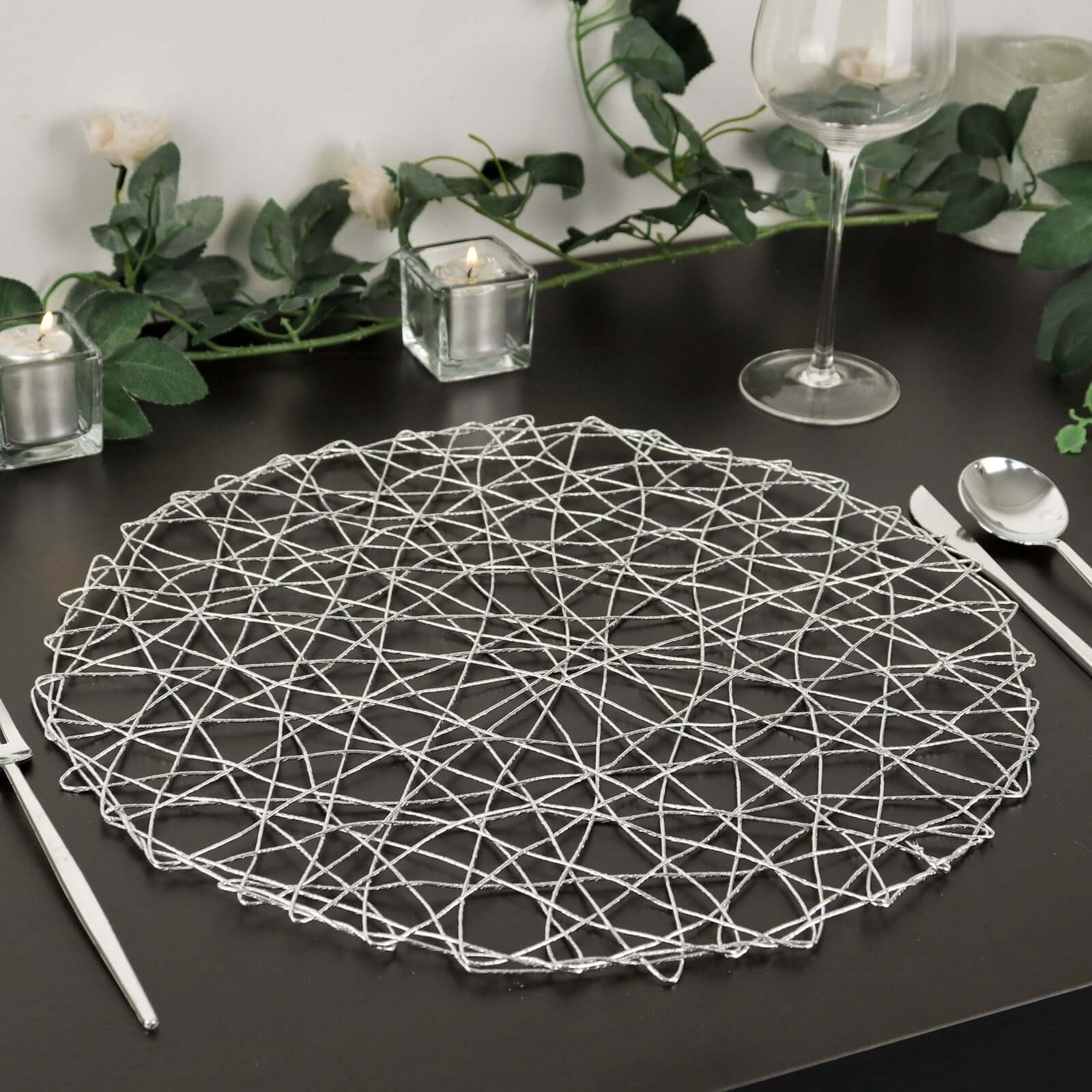 6 - Pack Table Placemats Woven Fiber Design Silver Round - Disposable Mats for Dining and Events 15" - Linen Luxes