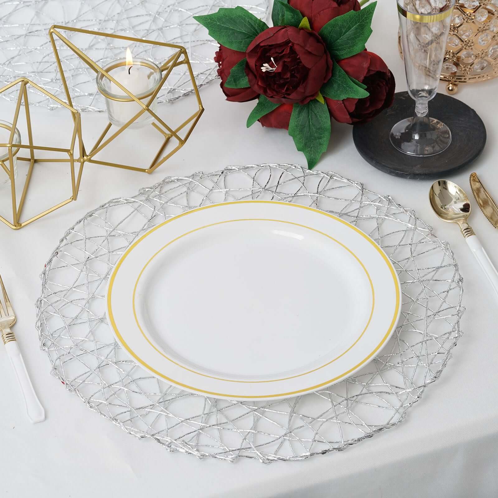 6 - Pack Table Placemats Woven Fiber Design Silver Round - Disposable Mats for Dining and Events 15" - Linen Luxes