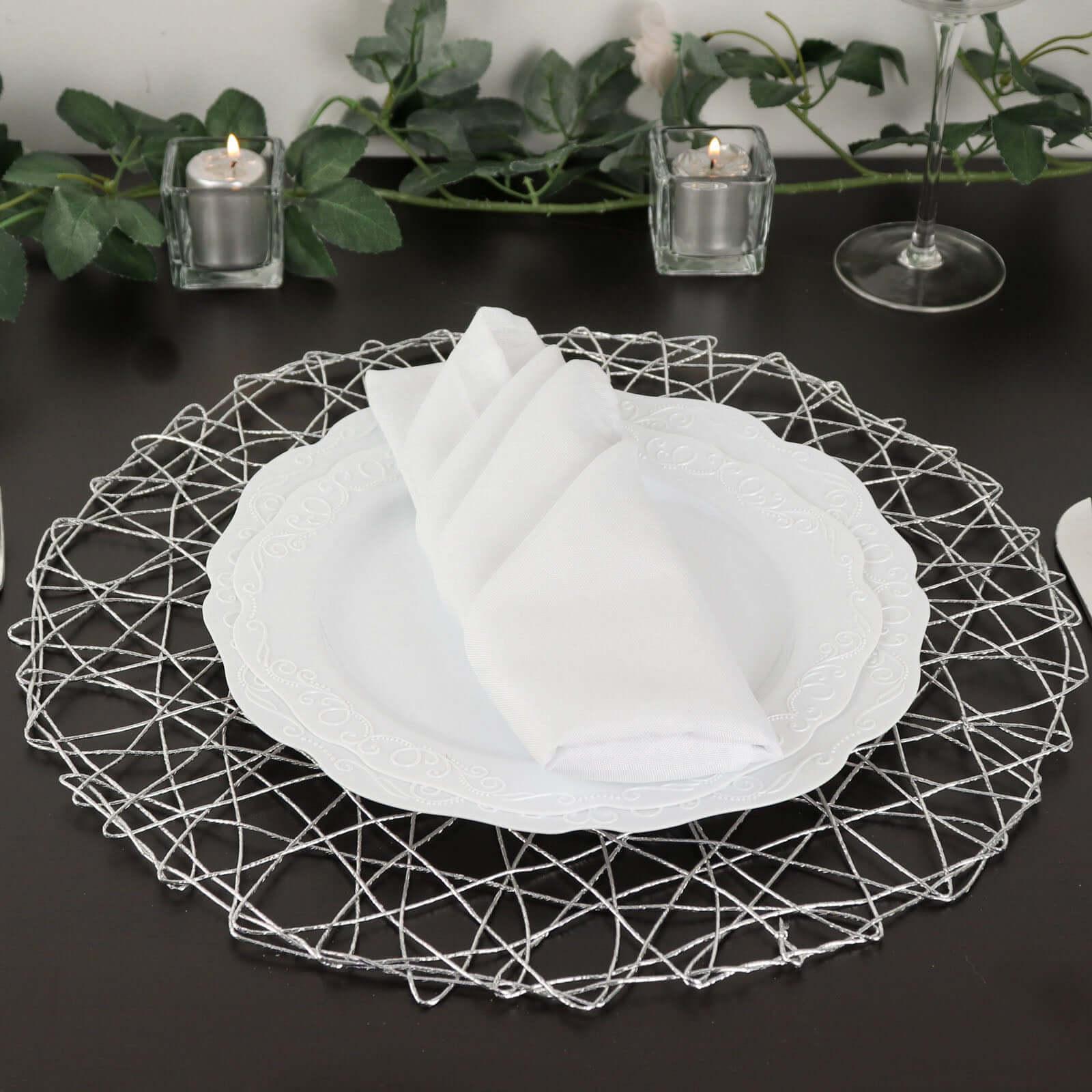6 - Pack Table Placemats Woven Fiber Design Silver Round - Disposable Mats for Dining and Events 15" - Linen Luxes