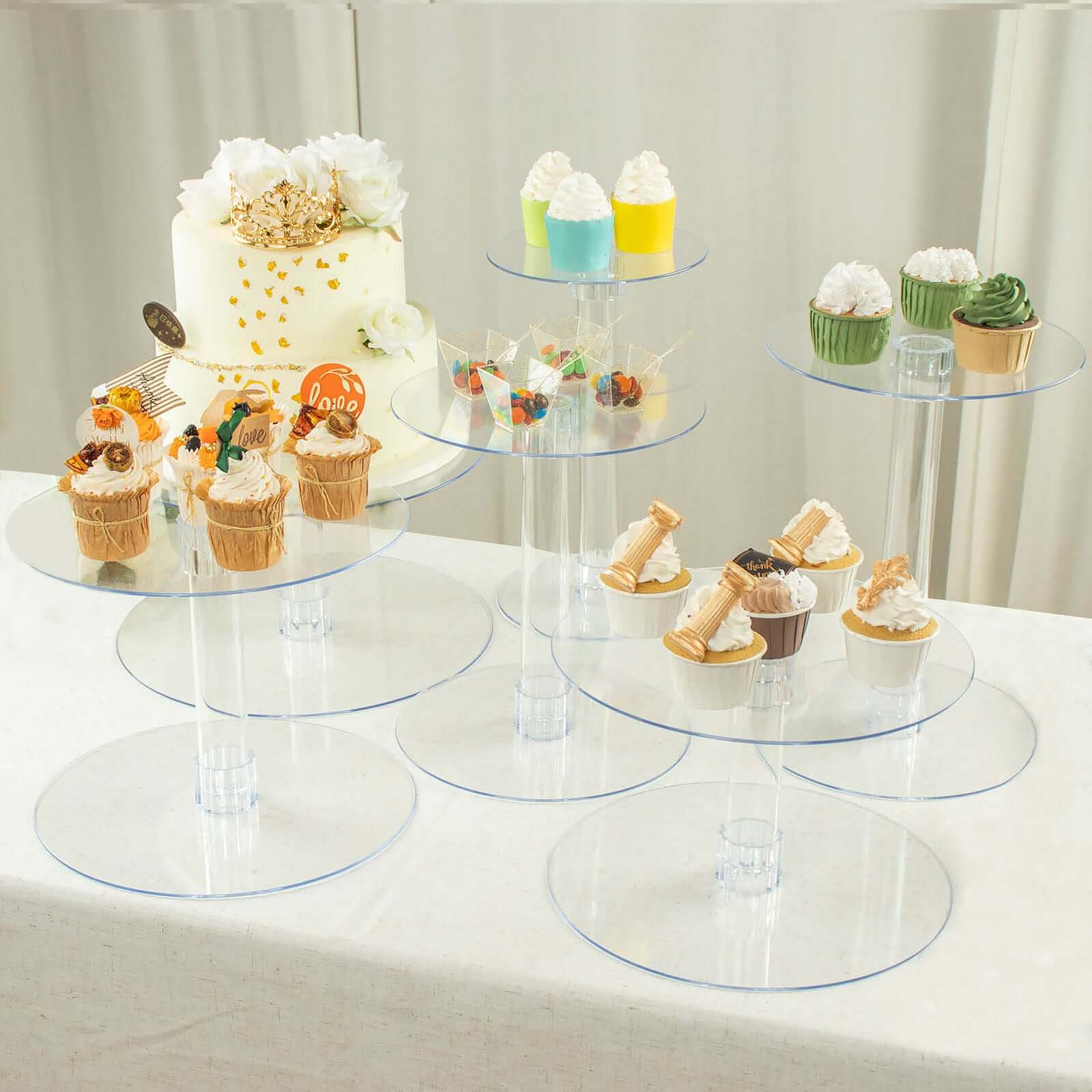 6 - Tier Acrylic Cake Stand Set Clear - Assorted Sizes for Buffet Party Tables - Linen Luxes