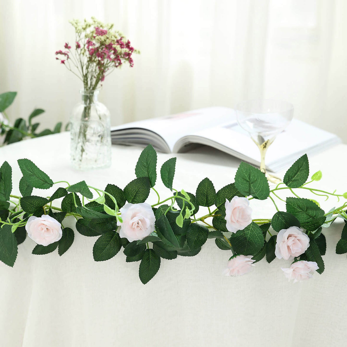 6ft 20 Blush Artificial Silk Roses Flower Garland Vine - Linen Luxes