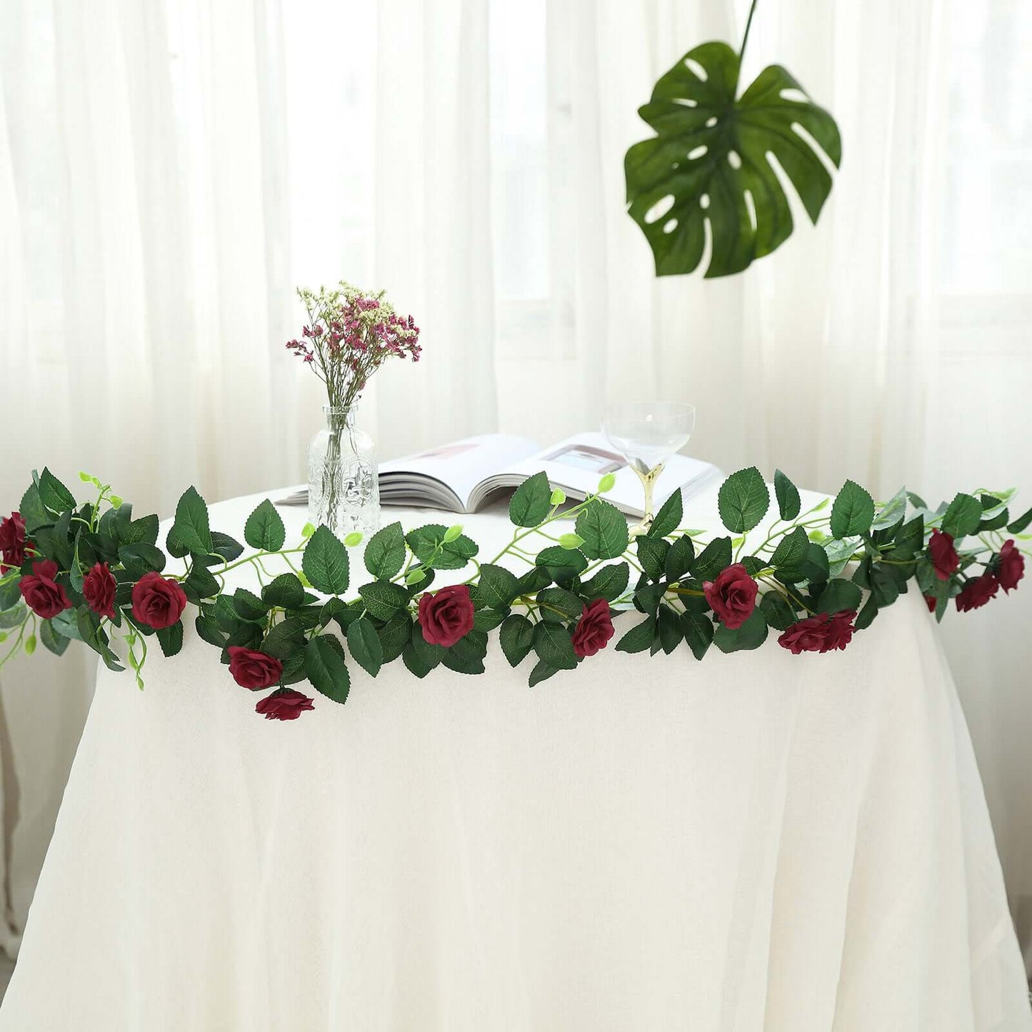 6ft 20 Burgundy Artificial Silk Roses Flower Garland, Hanging Vine - Linen Luxes