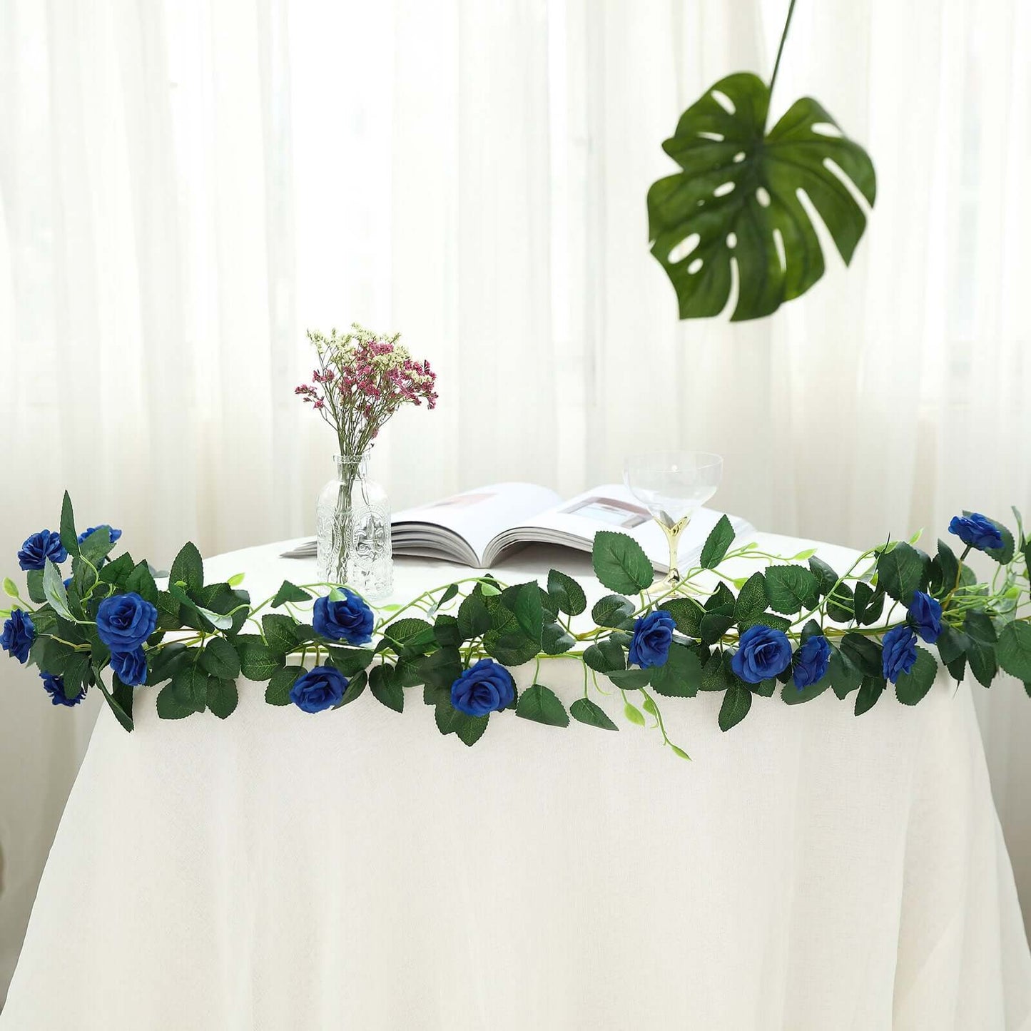 6ft 20 Royal Blue Artificial Silk Roses Flower Garland, Hanging Vine - Linen Luxes