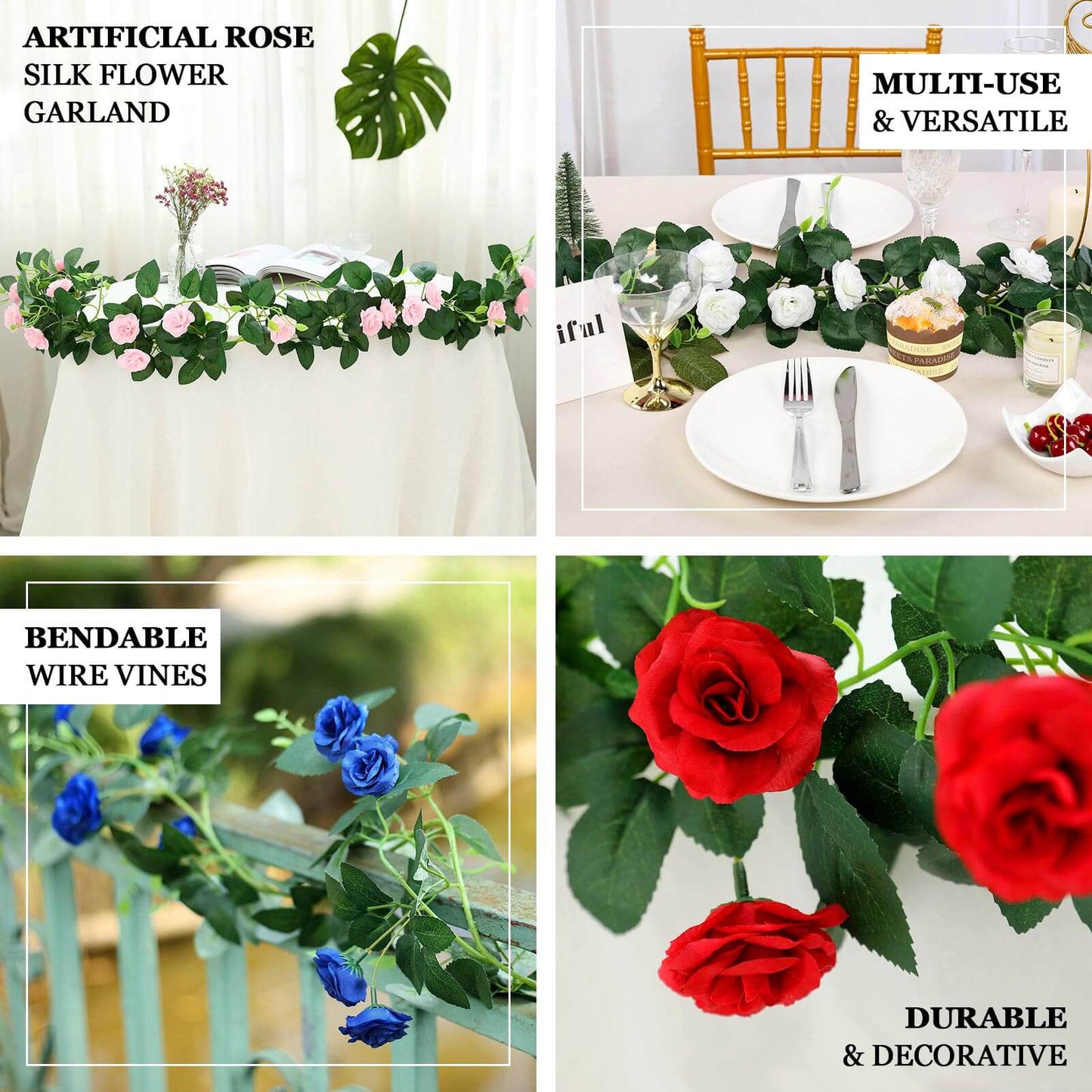6ft 20 Royal Blue Artificial Silk Roses Flower Garland, Hanging Vine - Linen Luxes