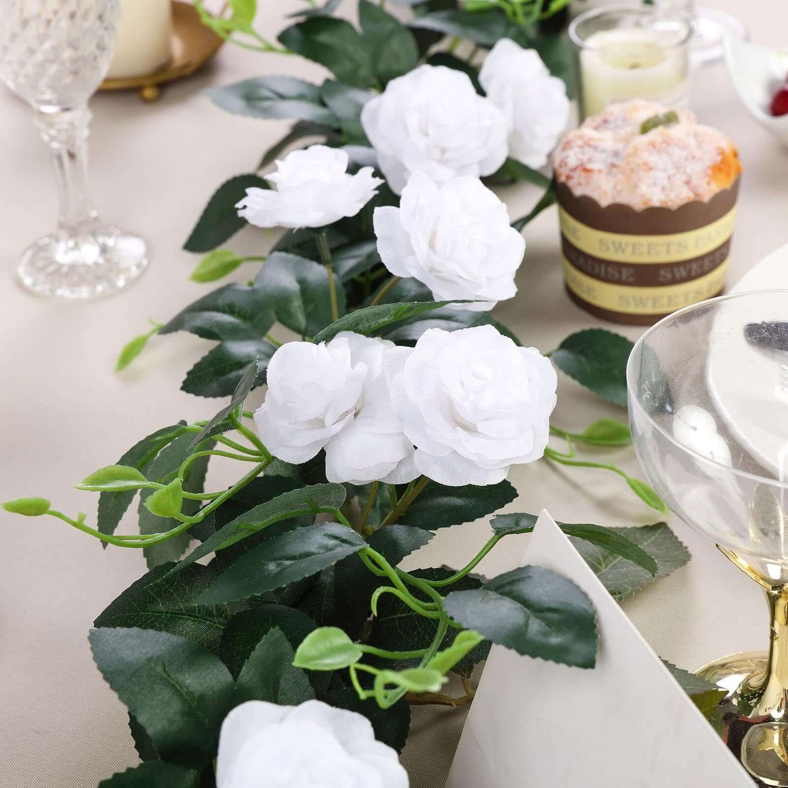 6ft 20 White Artificial Silk Roses Flower Garland, Hanging Vine - Linen Luxes