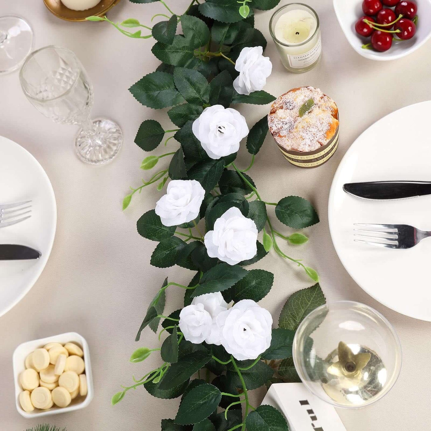 6ft 20 White Artificial Silk Roses Flower Garland, Hanging Vine - Linen Luxes