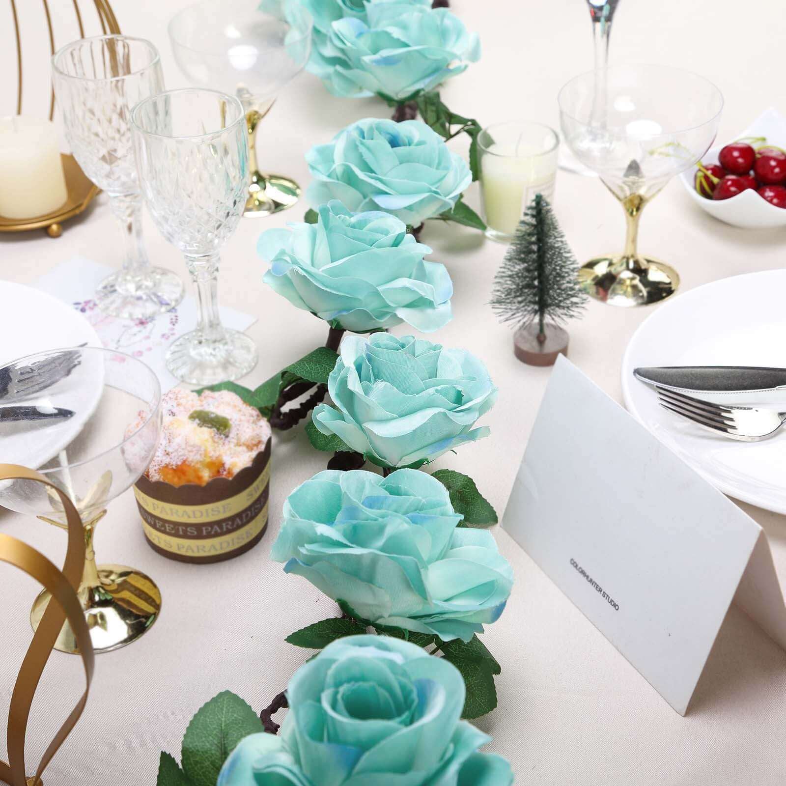 6ft Aqua Turquoise Artificial Silk Rose Hanging Flower Garland Vine - Linen Luxes