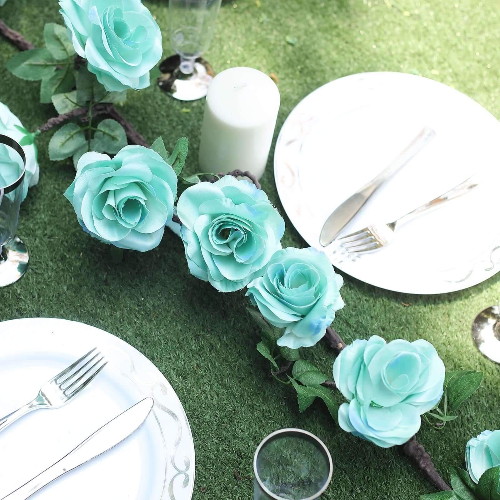 6ft Aqua Turquoise Artificial Silk Rose Hanging Flower Garland Vine - Linen Luxes