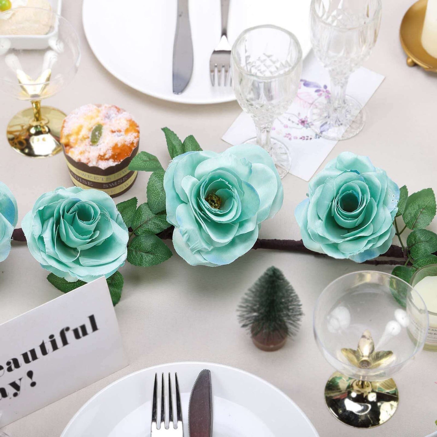6ft Aqua Turquoise Artificial Silk Rose Hanging Flower Garland Vine - Linen Luxes