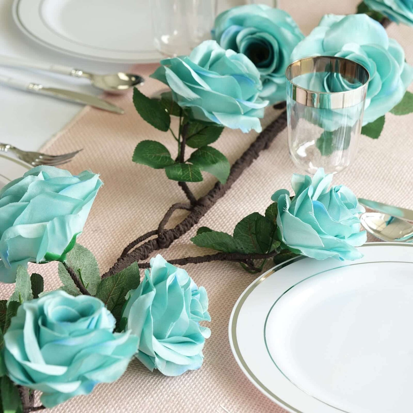 6ft Aqua Turquoise Artificial Silk Rose Hanging Flower Garland Vine - Linen Luxes
