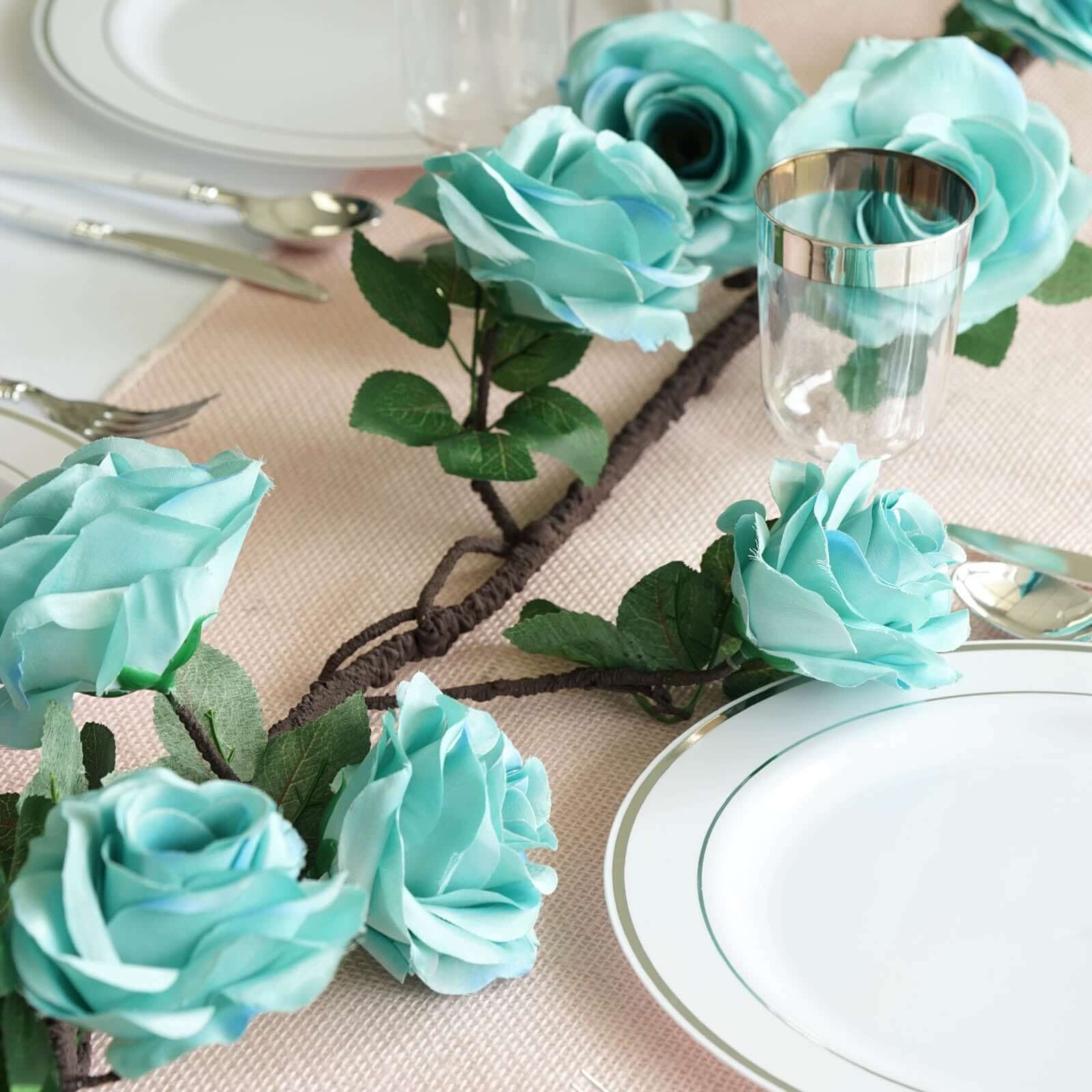 6ft Aqua Turquoise Artificial Silk Rose Hanging Flower Garland Vine - Linen Luxes