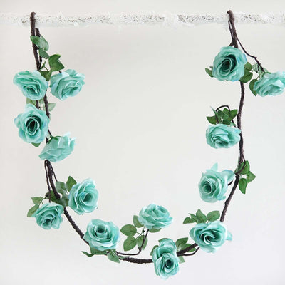 6ft Aqua Turquoise Artificial Silk Rose Hanging Flower Garland Vine - Linen Luxes