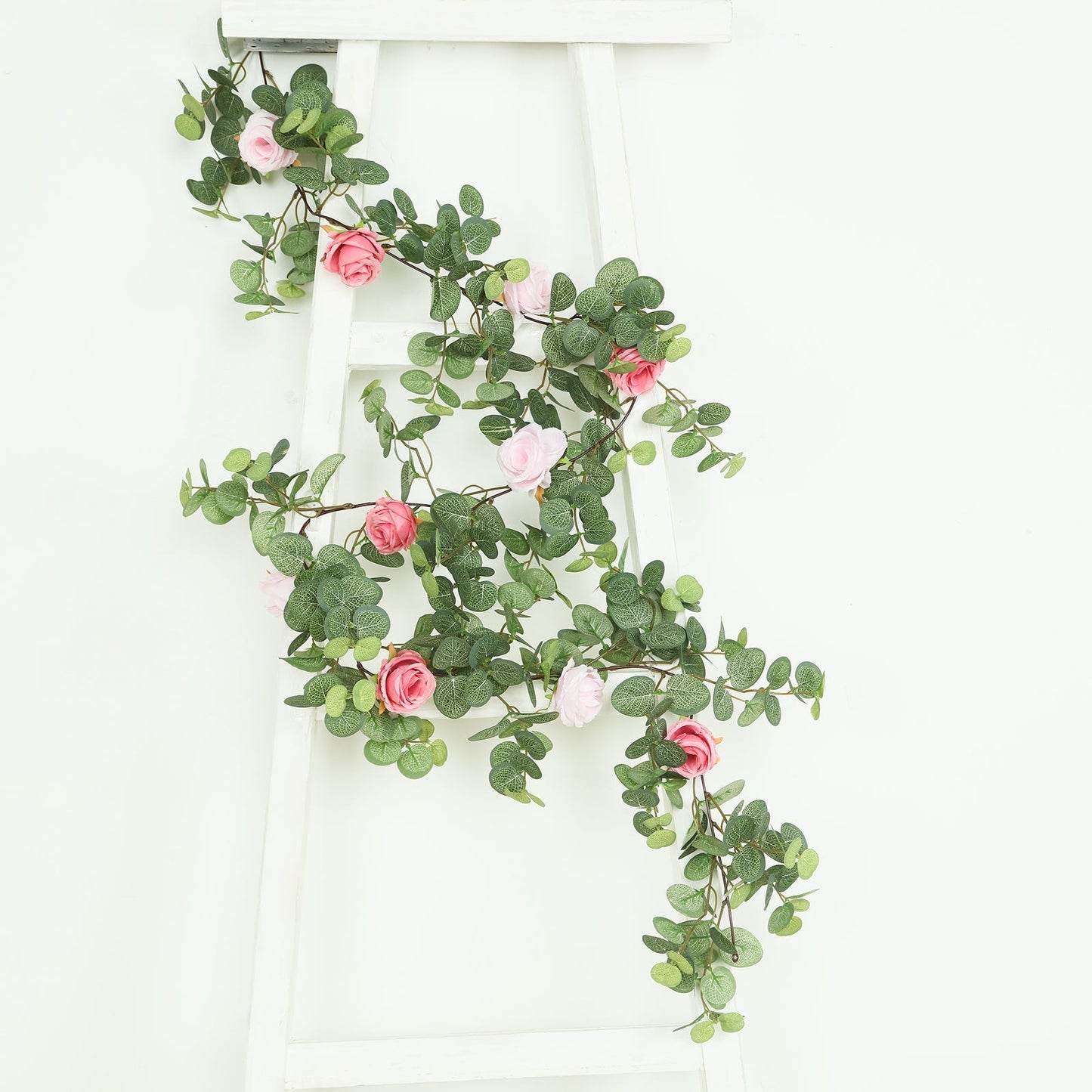 6ft Artificial Eucalyptus Garland with Blush/Dusty Rose Silk Roses â€“ Faux Greenery Vine