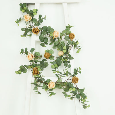 6ft Artificial Eucalyptus Garland with Cream/Gold Silk Roses â€“ Faux Greenery Vine