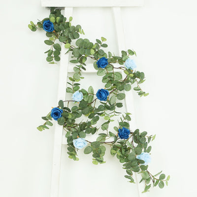 6ft Artificial Eucalyptus Garland with Royal Blue/Light Blue Silk Roses â€“ Faux Greenery Vine