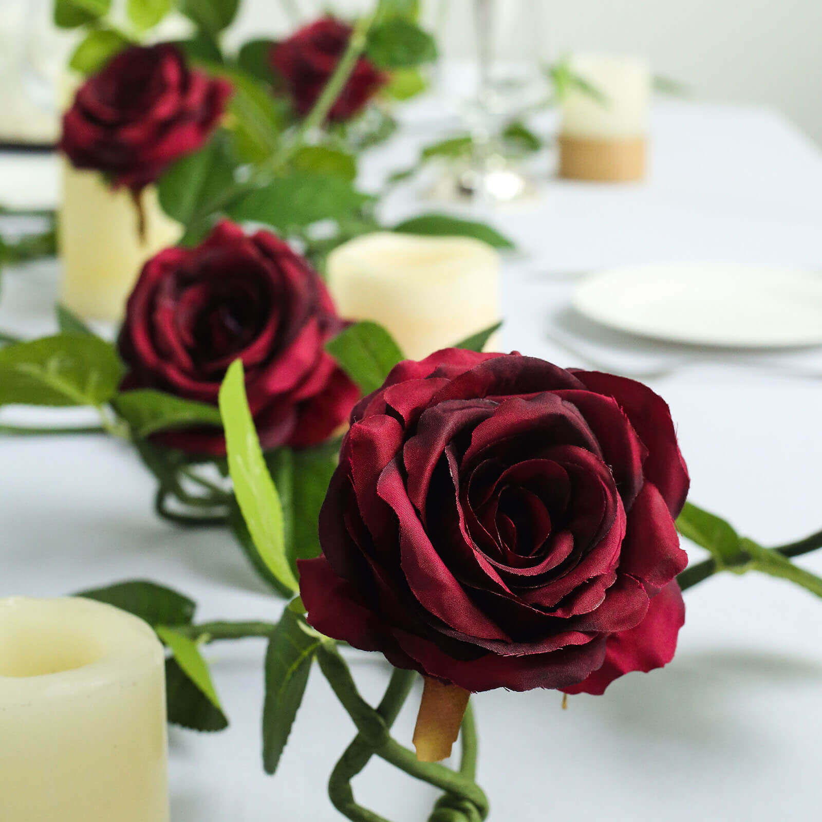 6ft Burgundy Real Touch Artificial Rose and Leaf Flower Garland Vine - Linen Luxes