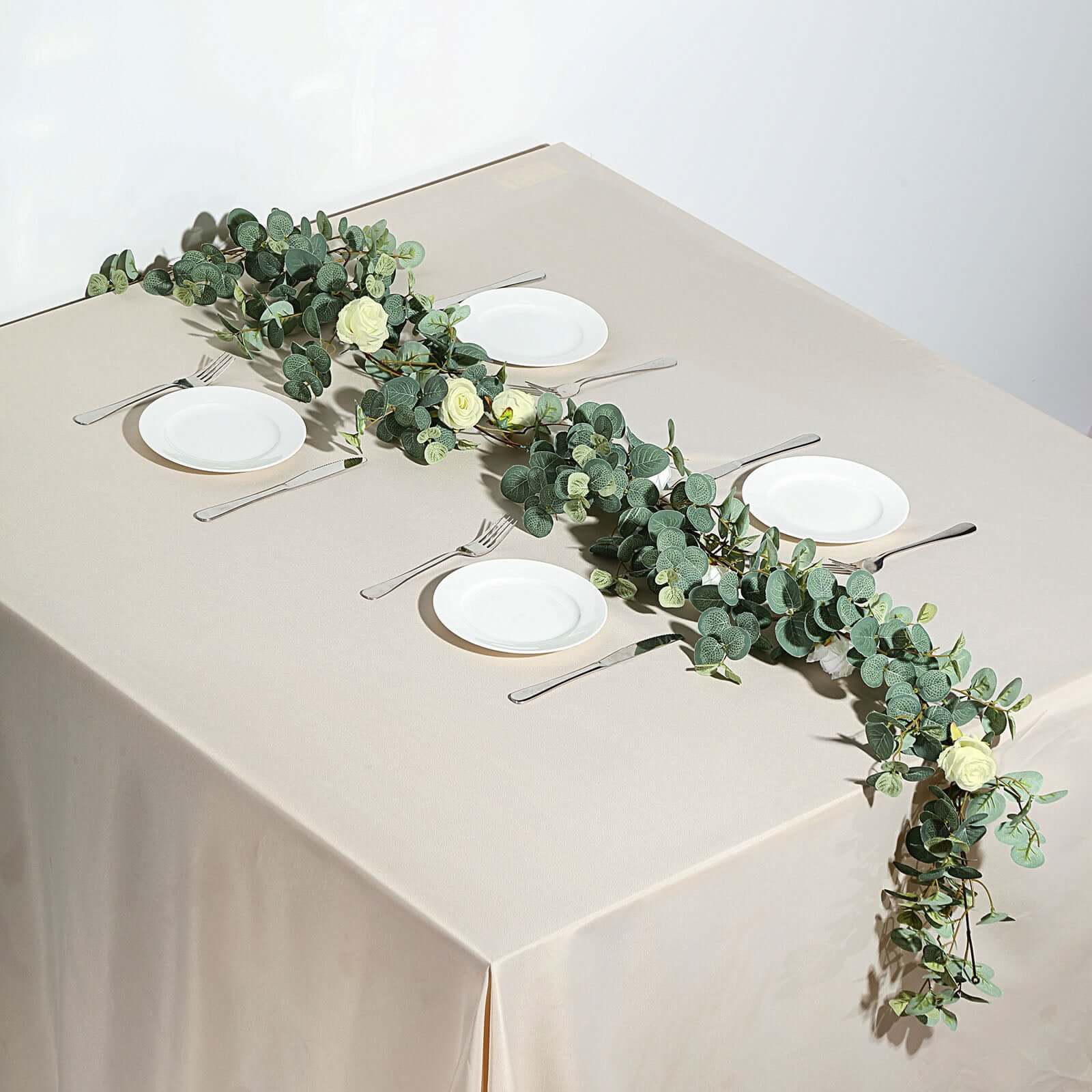 6ft Green Ivory Artificial Eucalyptus Leaf, Rose Flower Garland Vine - Linen Luxes