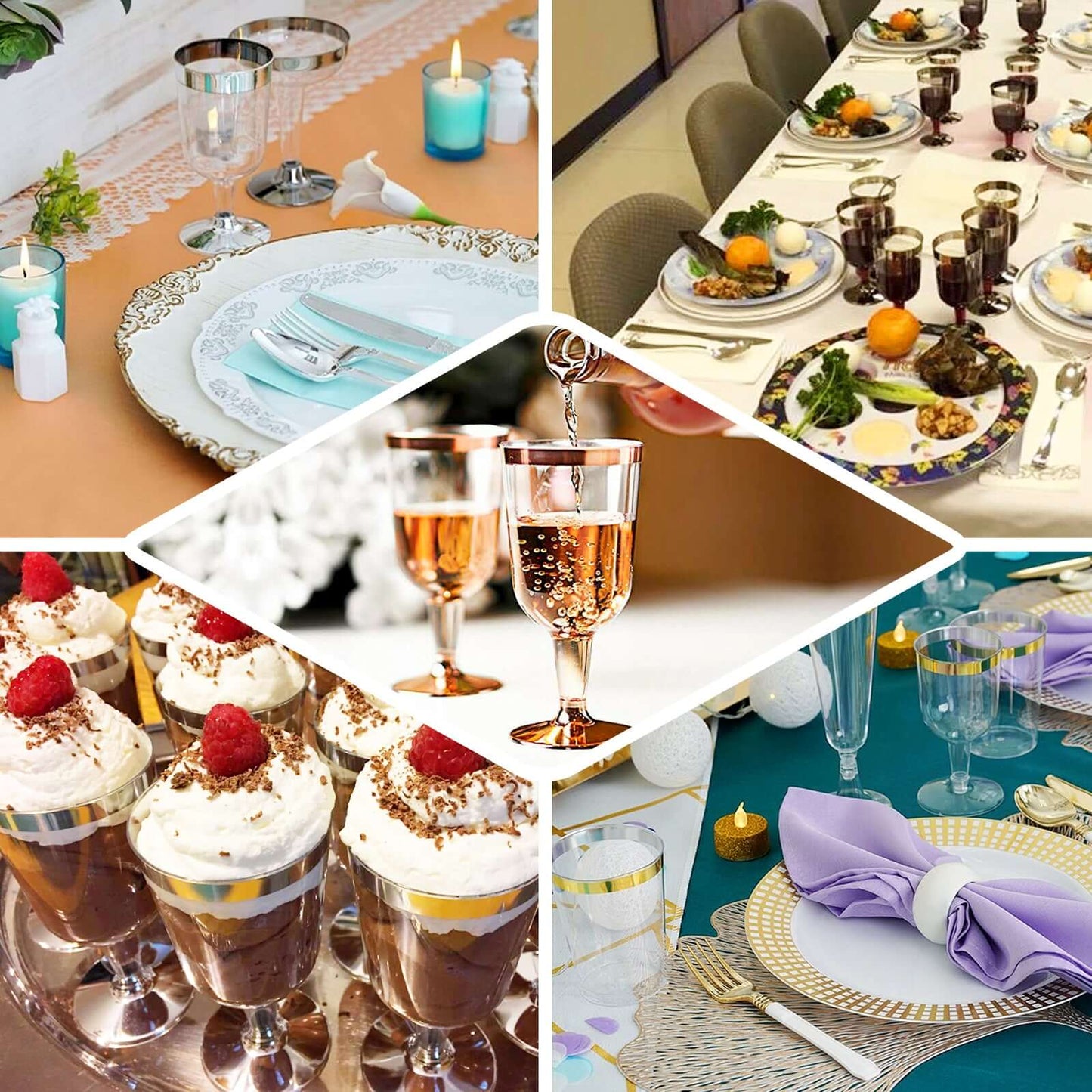 12 Pack Plastic Short Stem Wine Glasses Transparent Dusty Blue/Gold Rim - Stylish Disposable Drinkware 6oz