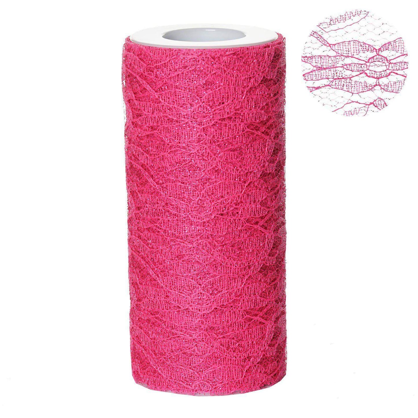 6"X10 Yards Fuchsia Floral Lace Shimmer Glitter Tulle Fabric Bolt - Linen Luxes