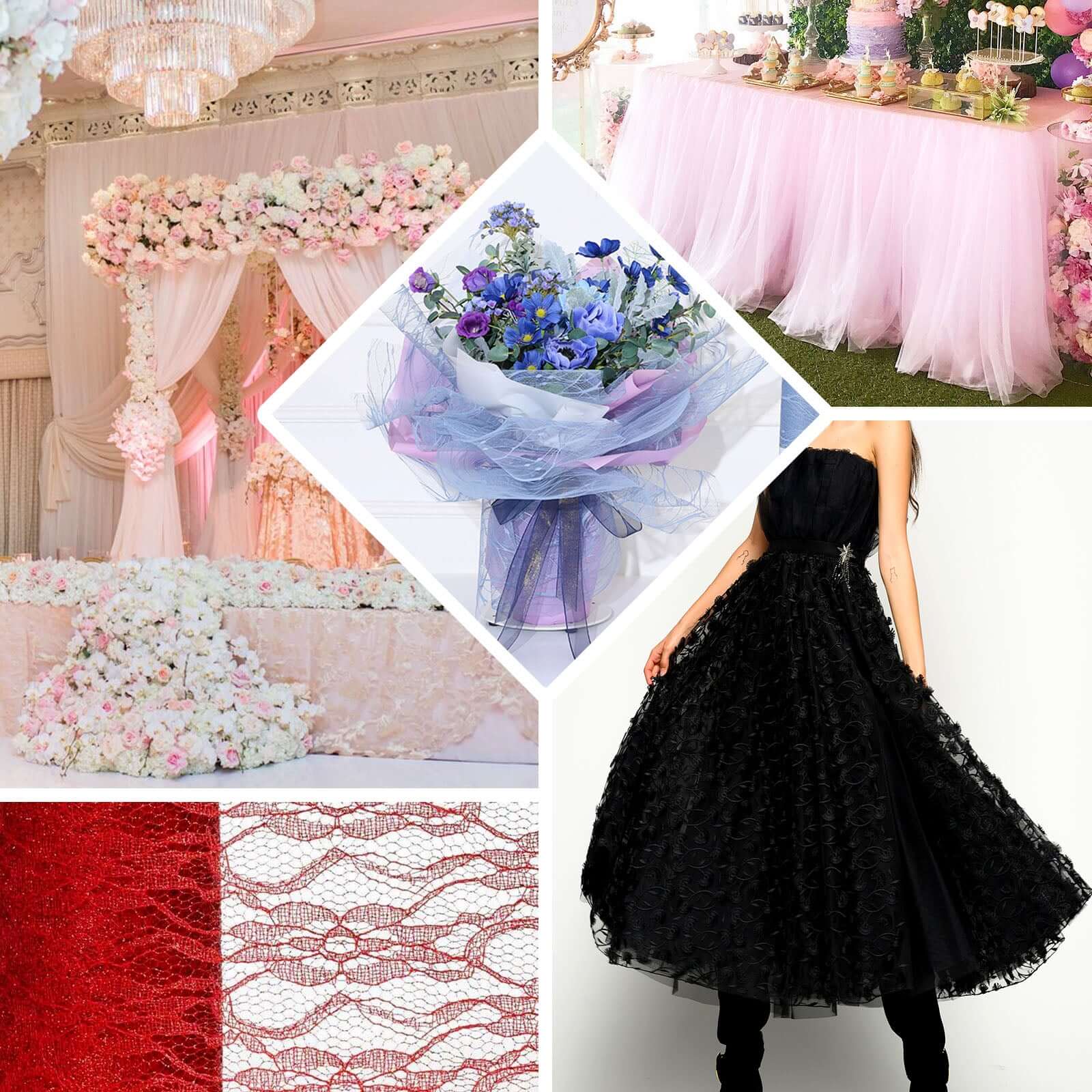 6"X10 Yards Fuchsia Floral Lace Shimmer Glitter Tulle Fabric Bolt - Linen Luxes