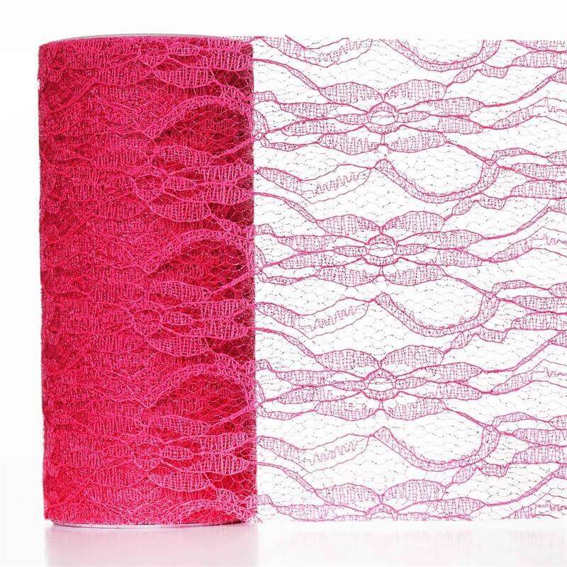 6"X10 Yards Fuchsia Floral Lace Shimmer Glitter Tulle Fabric Bolt - Linen Luxes
