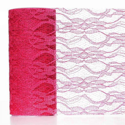 6"X10 Yards Fuchsia Floral Lace Shimmer Glitter Tulle Fabric Bolt - Linen Luxes