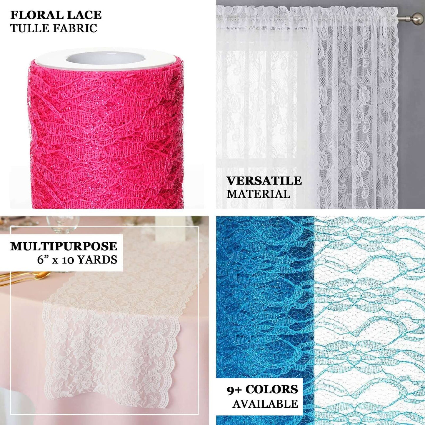 6"X10 Yards Fuchsia Floral Lace Shimmer Glitter Tulle Fabric Bolt - Linen Luxes