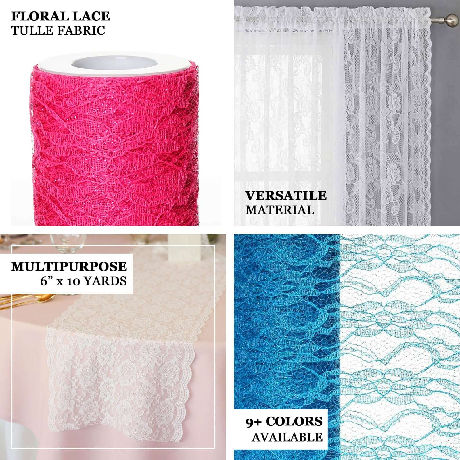 6"X10 Yards Fuchsia Floral Lace Shimmer Glitter Tulle Fabric Bolt - Linen Luxes