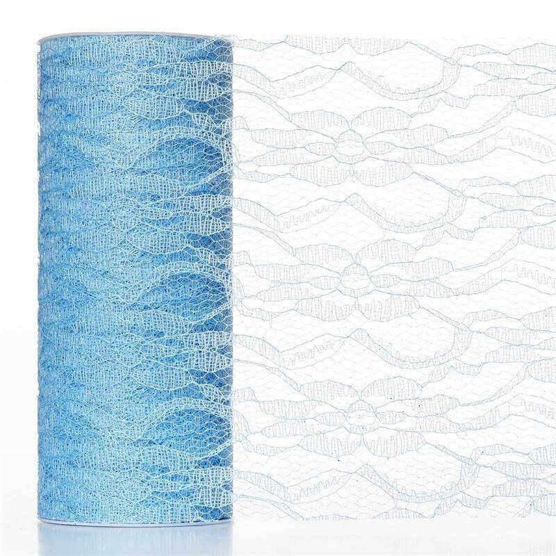 6"X10 Yards Serenity Blue Floral Lace Shimmer Glitter Tulle Fabric Bolt - Linen Luxes