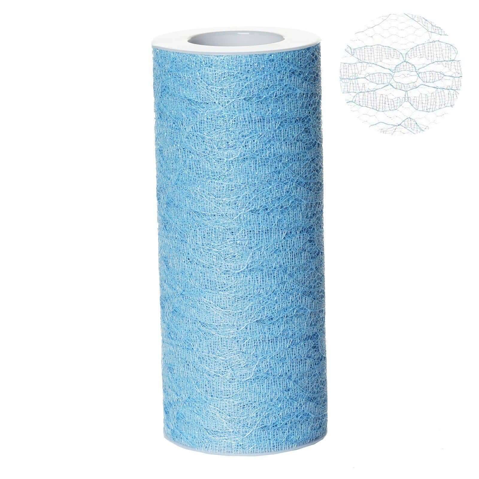 6"X10 Yards Serenity Blue Floral Lace Shimmer Glitter Tulle Fabric Bolt - Linen Luxes