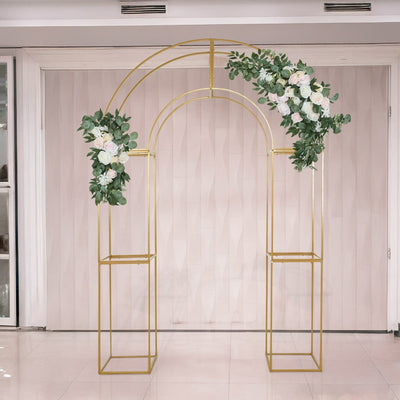 7.5ft Gold 3D Metal Wedding Arch Backdrop Stand with Round Top, Heavy-Duty Floral Balloon Frame for Elegant Parties