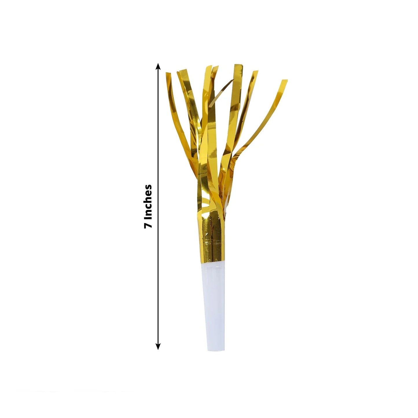 24 Pack Party Horn Noisemakers with Tassels - 7" Gold Metallic Fringed Blowouts for Events and Gatherings - Plastic & Foil Design