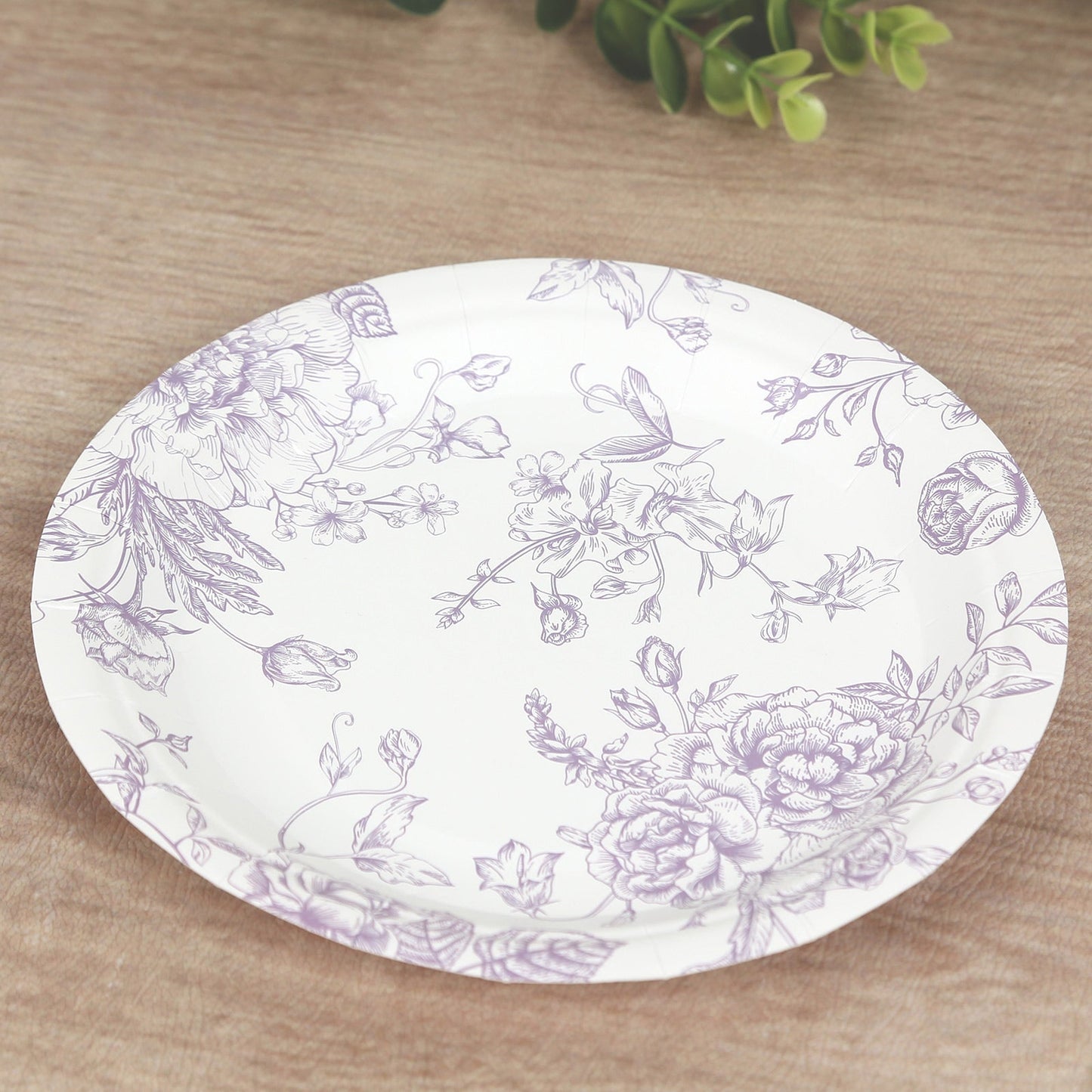 25-Pack Paper 7" Round Dessert Plates in White with Matte Lavender French Toile Pattern - Disposable Floral Salad Appetizer Plates