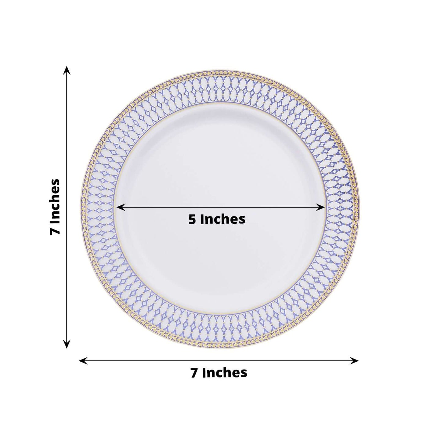 10-Pack Plastic 7" Round Dessert Plates in White with Gold Navy Blue Chord Rim - Renaissance Style Disposable Salad Appetizer Plates for Events & Banquets