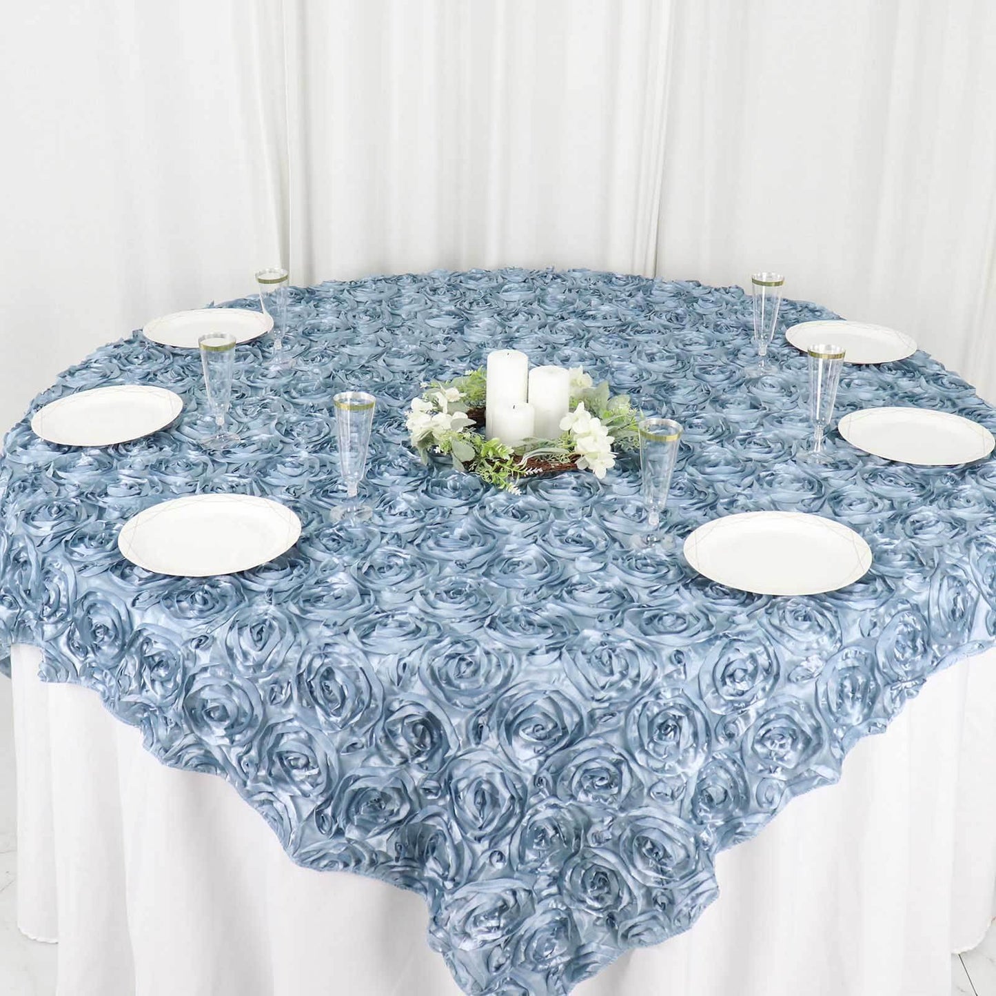 Satin 72"x72" Table Overlay Square Tablecloth Dusty Blue - 3D Rosette Table Cover