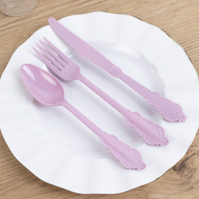 72 Pcs Plastic Silverware Set in Baroque Style Lavender Lilac - Heavy Duty Disposable Knife, Fork, and Spoon Set