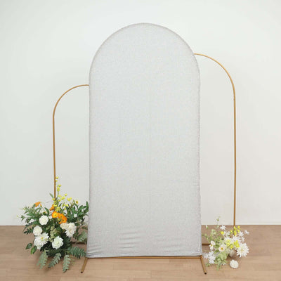 7ft Silver Shimmer Tinsel Spandex Chiara Backdrop Stand Cover For Fitted Round Top Wedding Arch