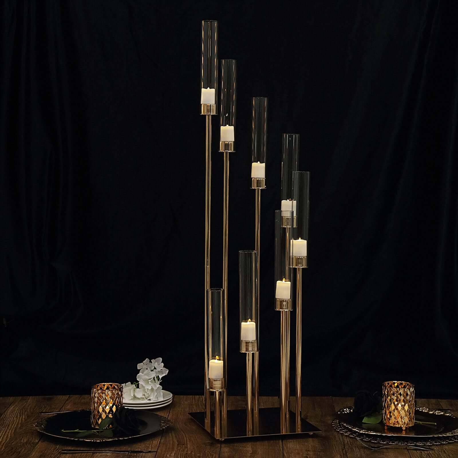 8 Arm Cluster Taper Candle Holder Gold - Stunning Large Candle Arrangement With Clear Glass Shades for Grand Banquets & Celebrations 42" - Linen Luxes