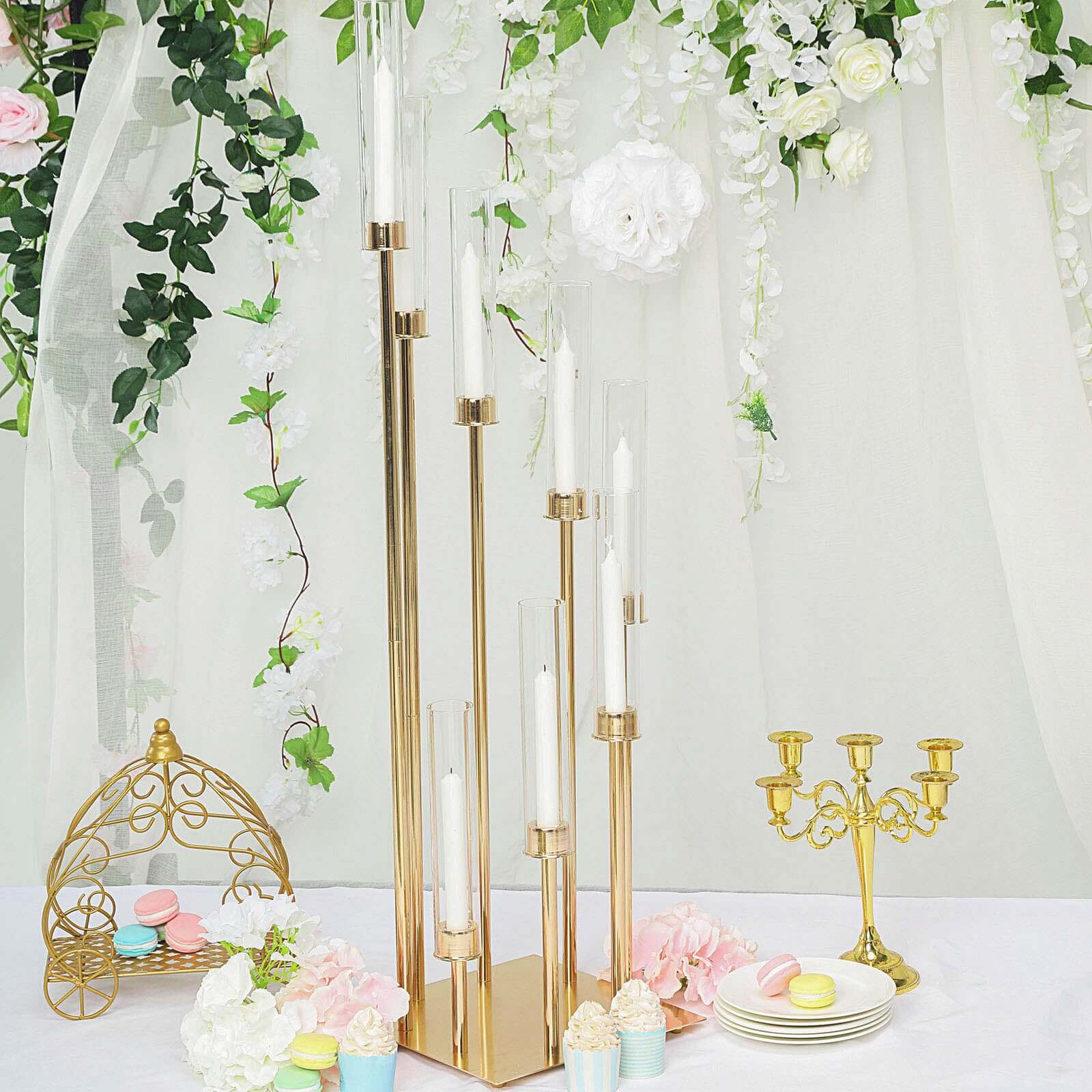 8 Arm Cluster Taper Candle Holder Gold - Stunning Large Candle Arrangement With Clear Glass Shades for Grand Banquets & Celebrations 42" - Linen Luxes