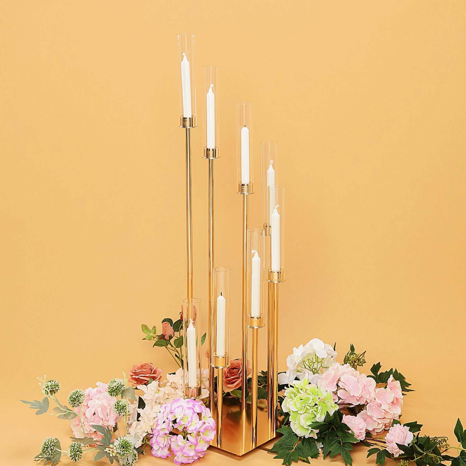 8 Arm Cluster Taper Candle Holder Gold - Stunning Large Candle Arrangement With Clear Glass Shades for Grand Banquets & Celebrations 42" - Linen Luxes