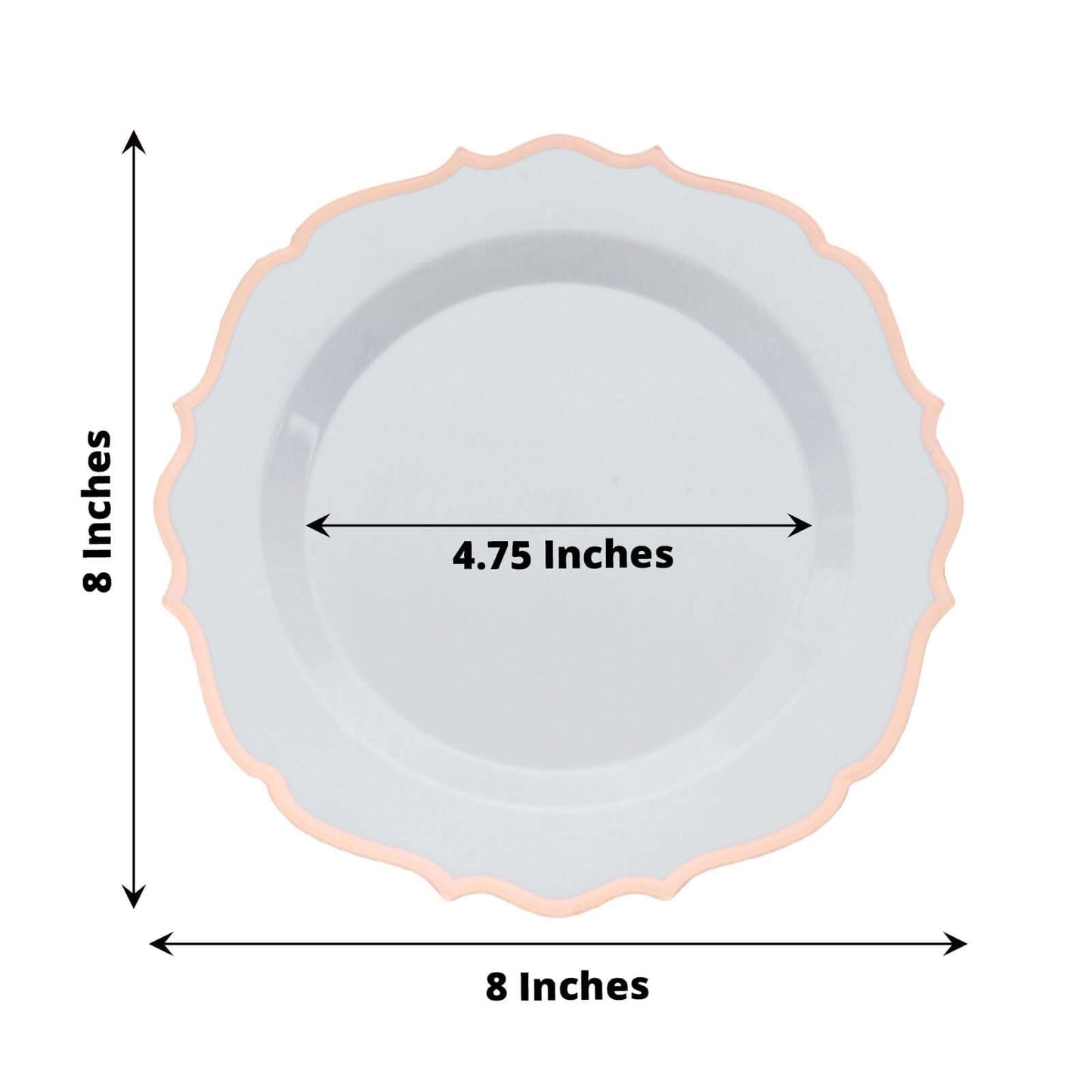10-Pack Plastic 8" Round Dessert Plates in White with Rose Gold Scalloped Rim - Disposable Appetizer/Salad Plates